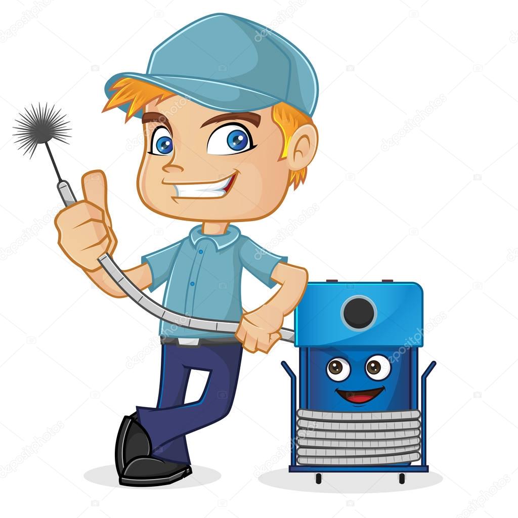 HVAC Technician leaning on cleaning machine