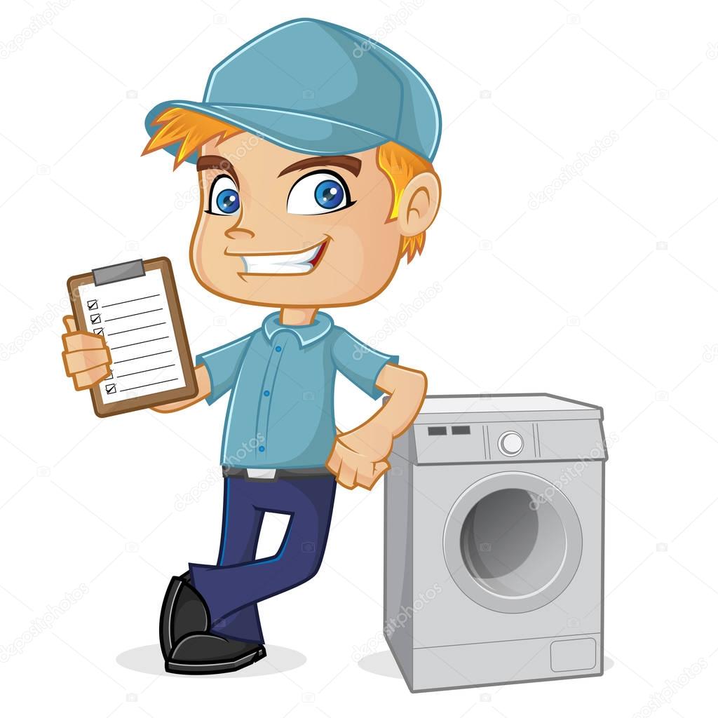 HVAC Technician leaning on washing machine 