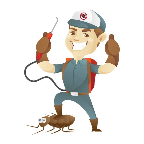 Pest control service killing cockroach and giving thumb up — Stock Vector