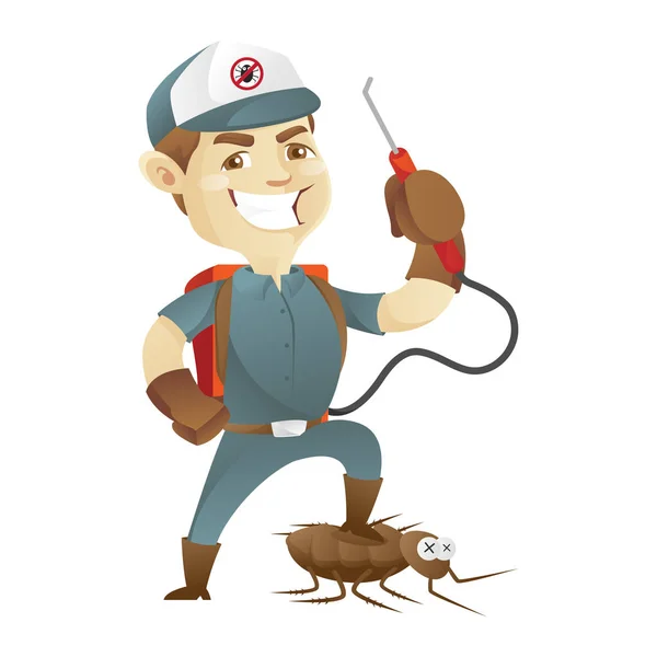 Pest control service killing cockroach and holding pest sprayer — Stock Vector