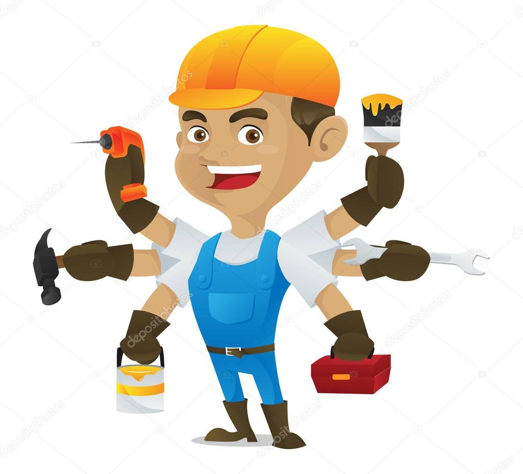 Handyman holding multiple tools isolated in white background