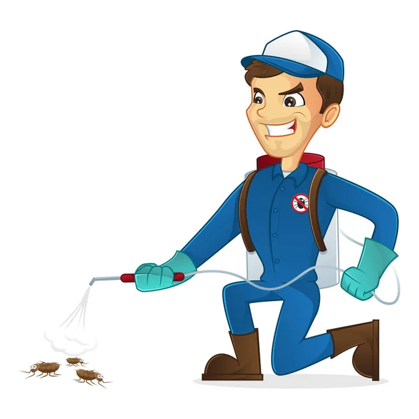 Exterminator killing bugs using pest sprayer — Stock Vector