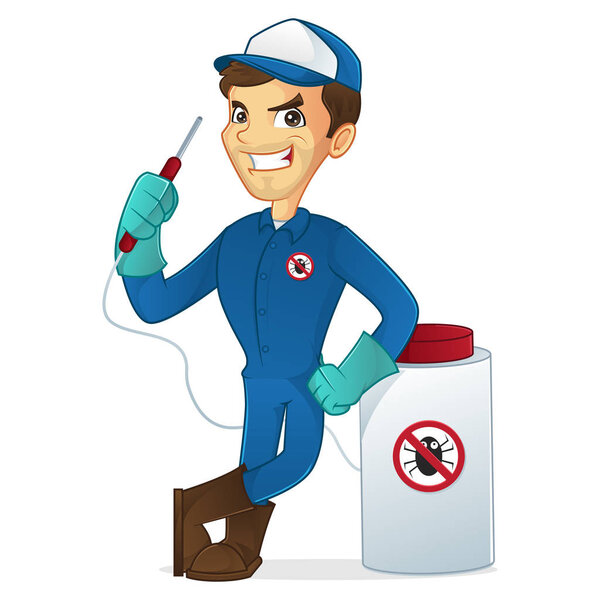 Уничтожитель опирается на распылитель вредителей
