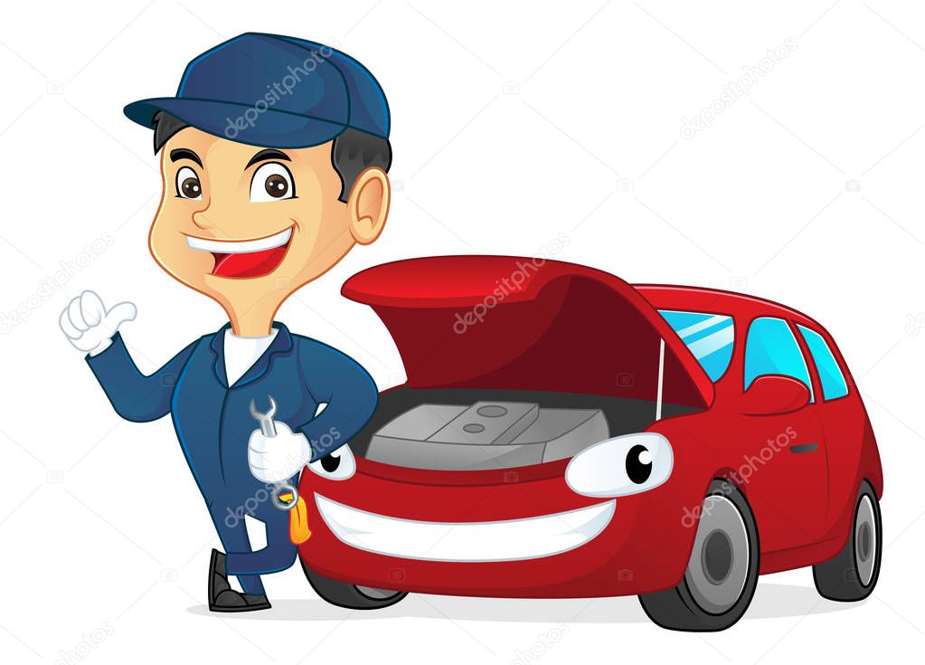 Mechanic holding wrench leaning on car isolated in white background