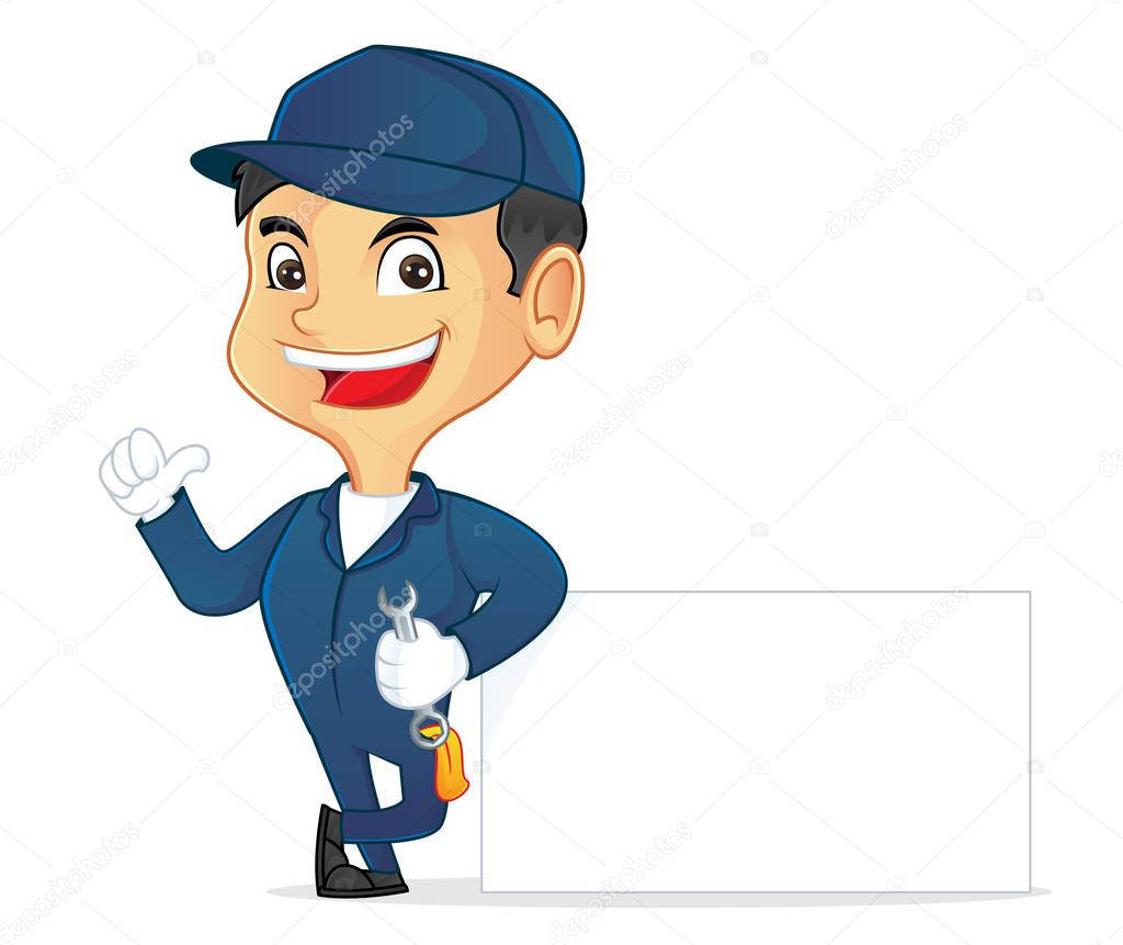 Mechanic leaning on blank sign isolated in white background