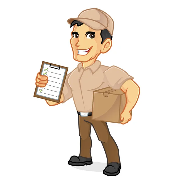 Entrega homem segurando pacote e área de transferência — Vetor de Stock