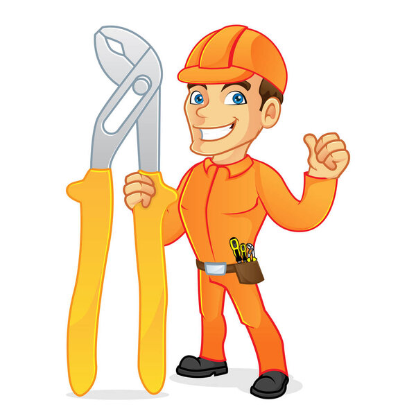 Electrician carrying pliers and giving thumb up