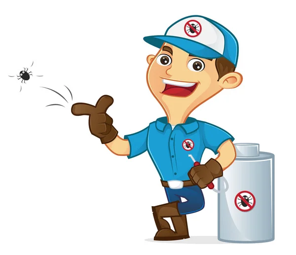 Exterminator leaning on pest sprayer — Stock Vector