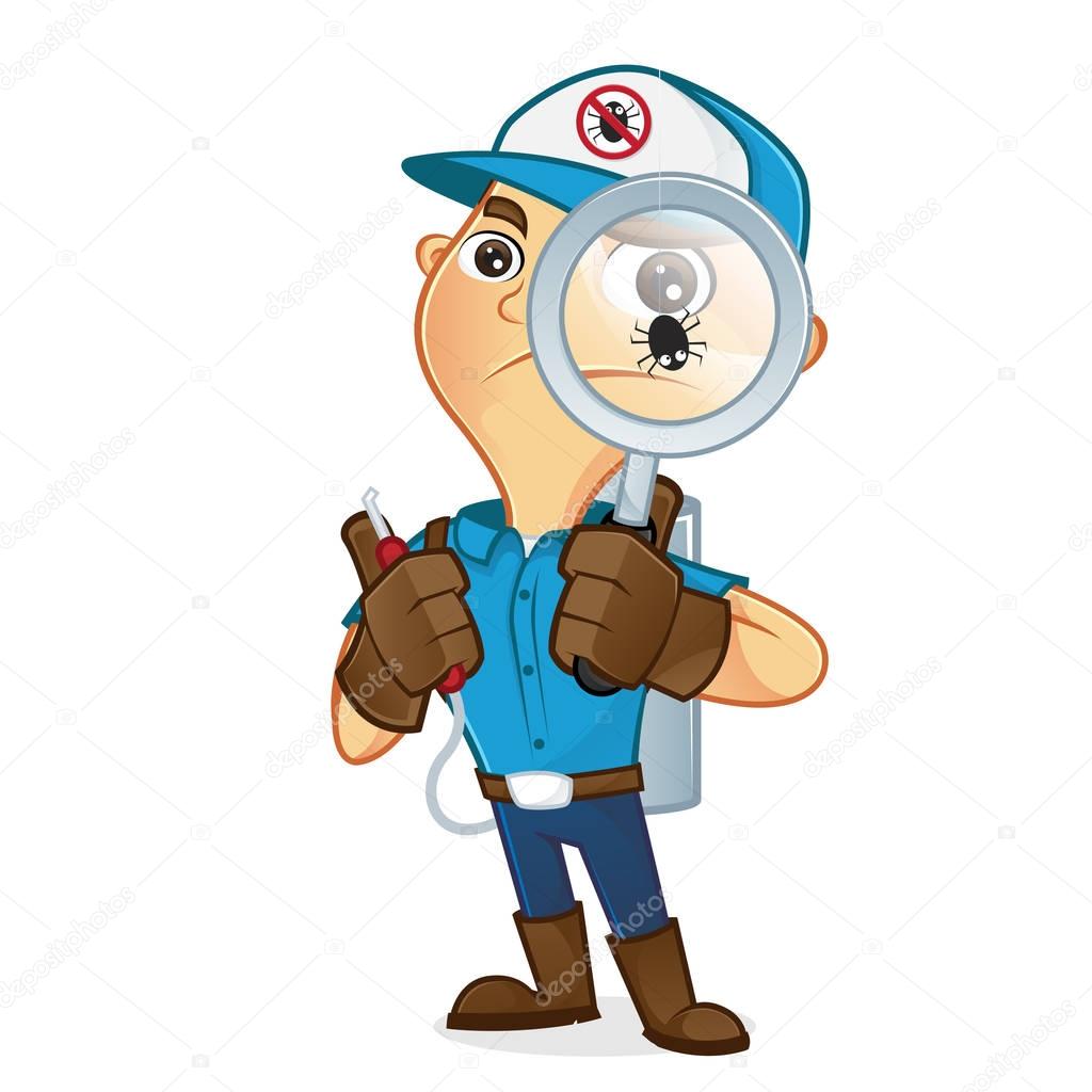 Exterminator holding magnifying glass