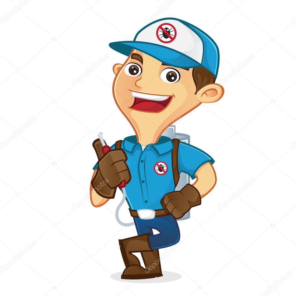 Exterminator leaning and holding pest sprayer isolated in white background