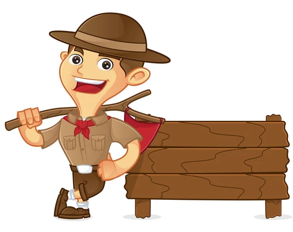 Boy scout dibujos animados apoyados en tablón de madera — Vector de stock