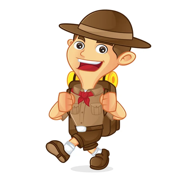 Boy scout dibujos animados caminar y llevar mochila — Vector de stock