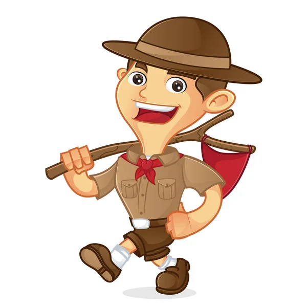 Boy scout dibujos animados caminando y llevando bandera — Vector de stock