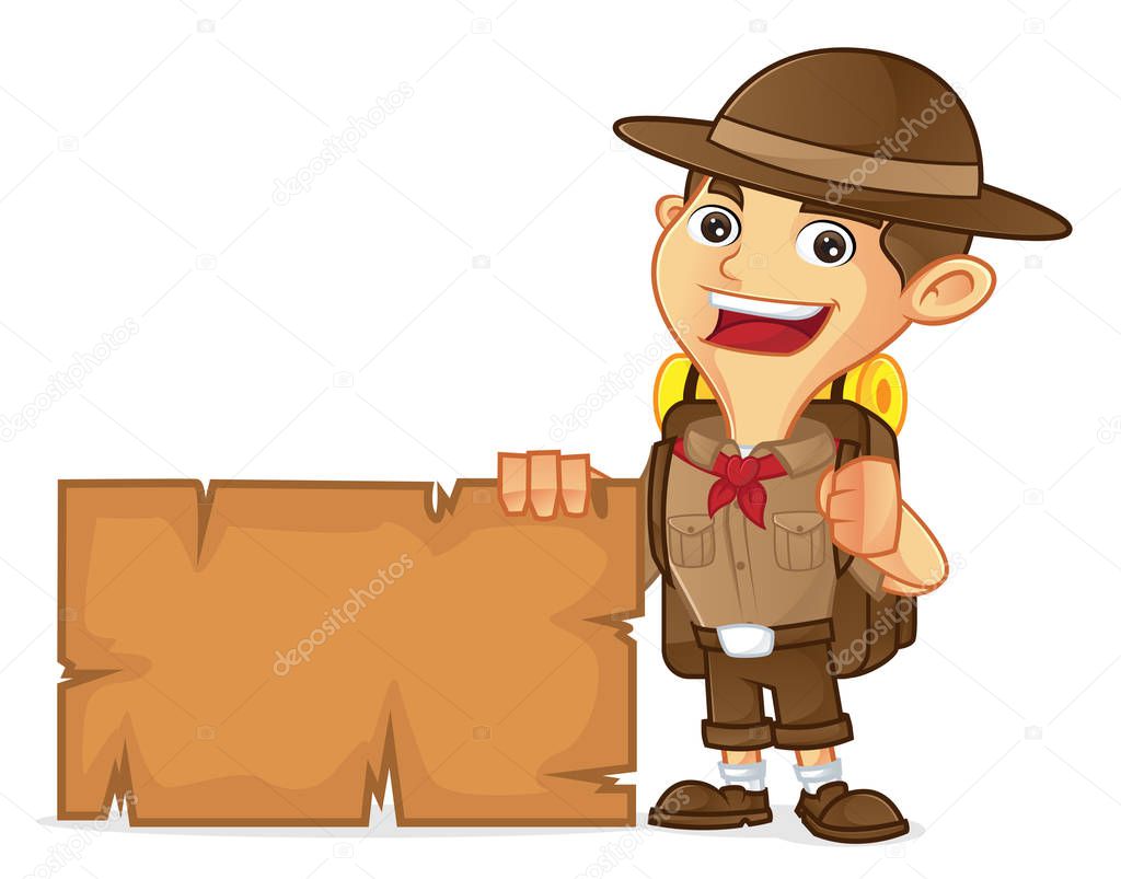 Boy scout cartoon holding blank sign