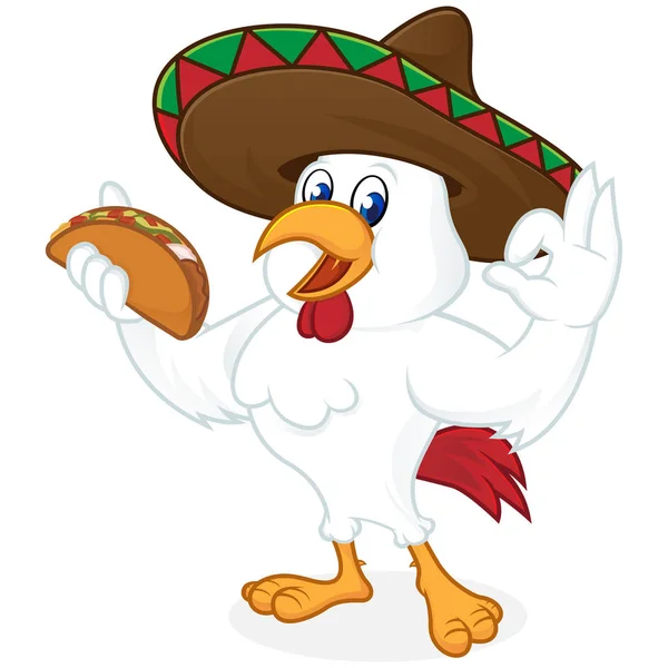 Caricatura de pollo sosteniendo nacho y usando sombrero — Vector de stock