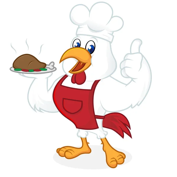 Desenhos animados de frango usando chapéu de chef e levando comida — Vetor de Stock