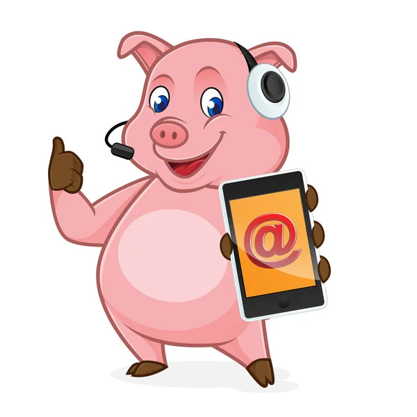 Pig cartoon holding phone and wearing headphone — Stock Vector