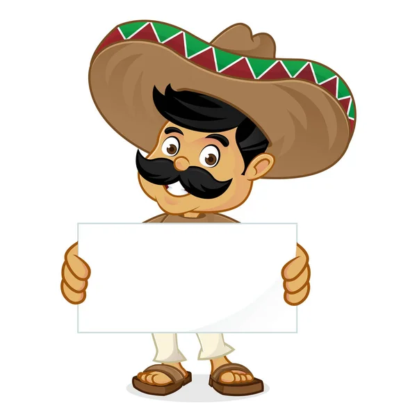 Hombre mexicano dibujo animado sosteniendo signo en blanco — Vector de stock