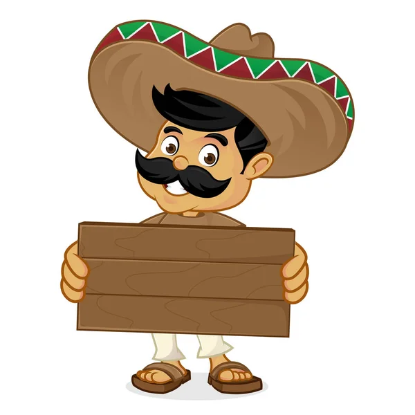 Hombre mexicano de dibujos animados sosteniendo tablón de madera — Vector de stock