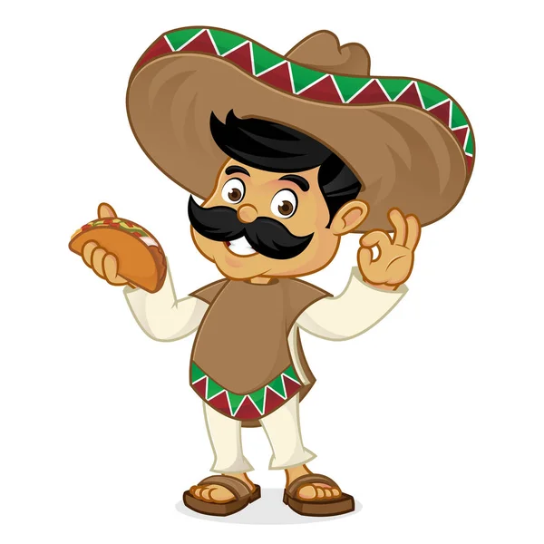 Mexicain homme dessin animé tenant taco — Image vectorielle