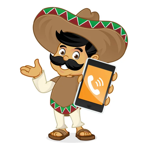 Hombre mexicano de dibujos animados celebración de teléfono — Vector de stock