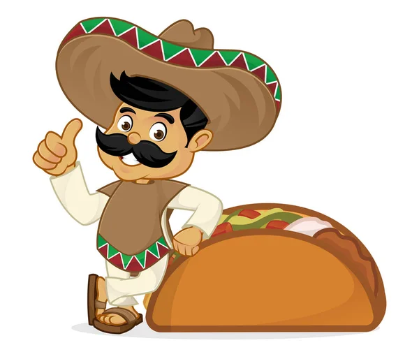 Mexicain homme dessin animé penché sur taco — Image vectorielle