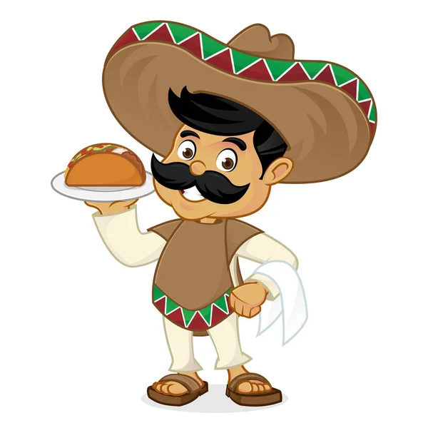 Μεξικάνικη άνθρωπος κινουμένων σχεδίων που εξυπηρετούν taco — Διανυσματικό Αρχείο