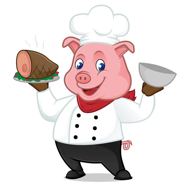 Chef porco banda desenhada mascote servindo porco na bandeja — Vetor de Stock