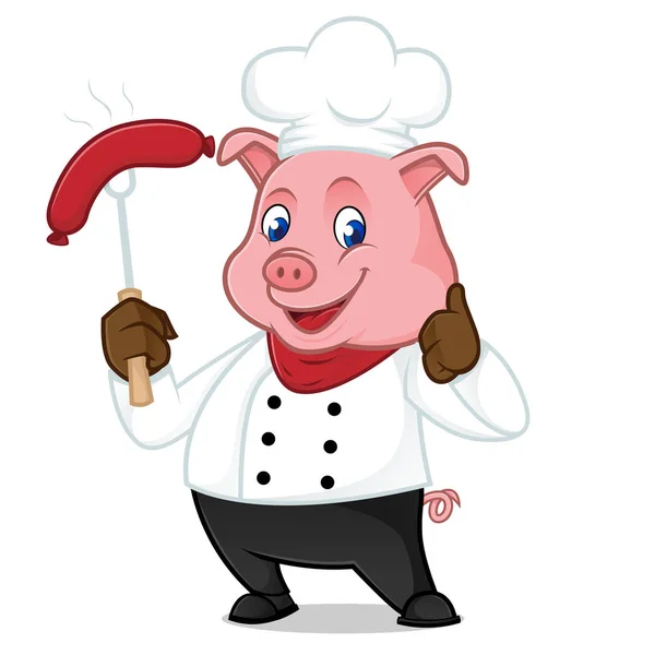 Chef pig kreskówka maskotka grillowanie kiełbasa — Wektor stockowy
