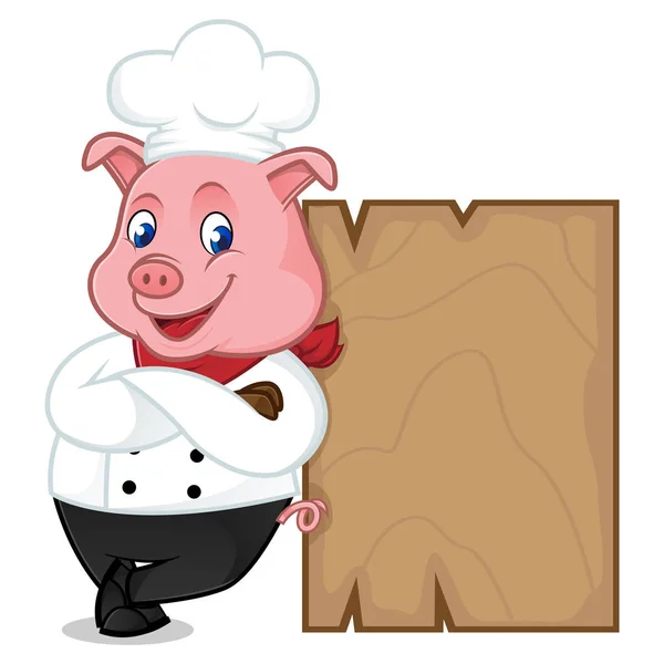 Chef pig kreskówka maskotka opierając się na drewniane deski — Wektor stockowy