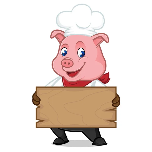 Chef porco banda desenhada mascote segurando prancha de madeira — Vetor de Stock