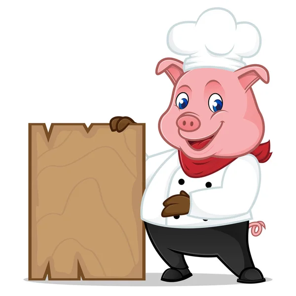 Chef porco banda desenhada mascote segurando prancha de madeira — Vetor de Stock
