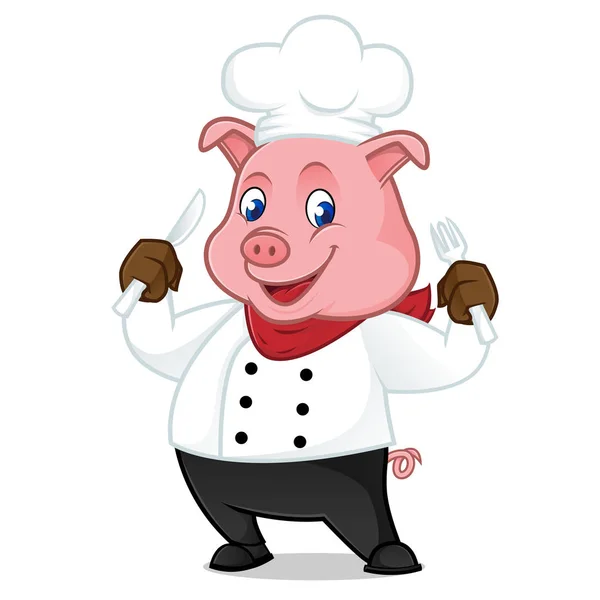 Chef pig kreskówka maskotka trzyma widelec i nóż — Wektor stockowy