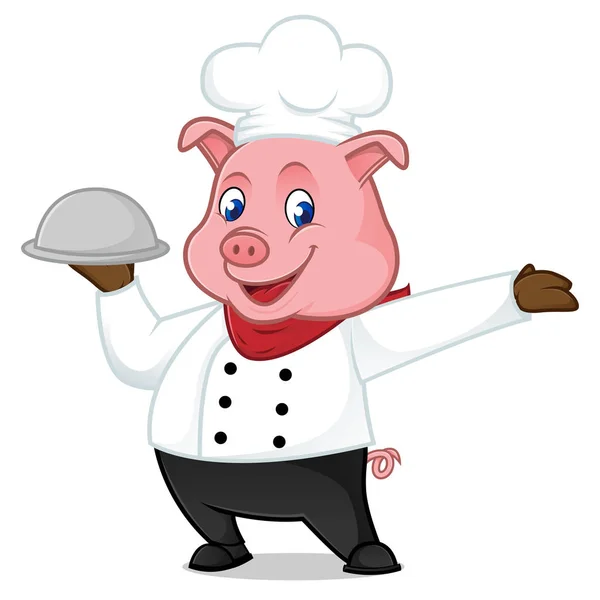 Chef pig cartoon mascot holding food tray — Stock Vector