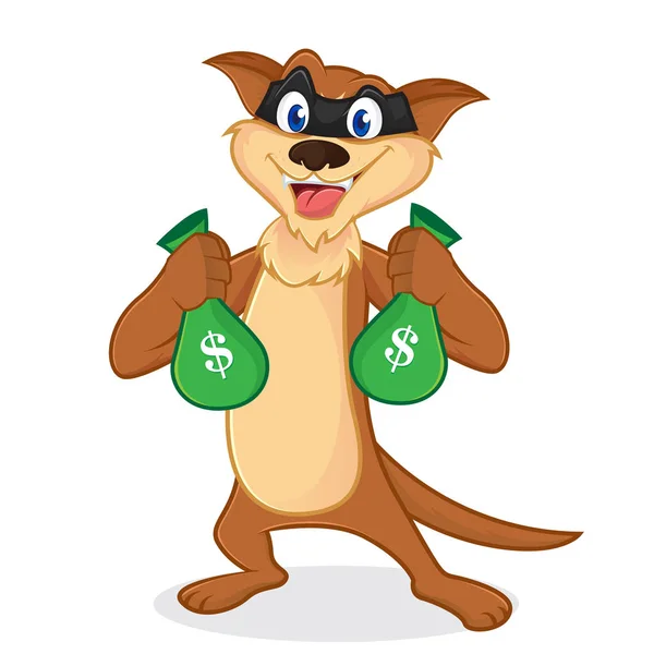 Mascota de dibujos animados comadreja como un ladrón que lleva bolsas de dinero — Vector de stock