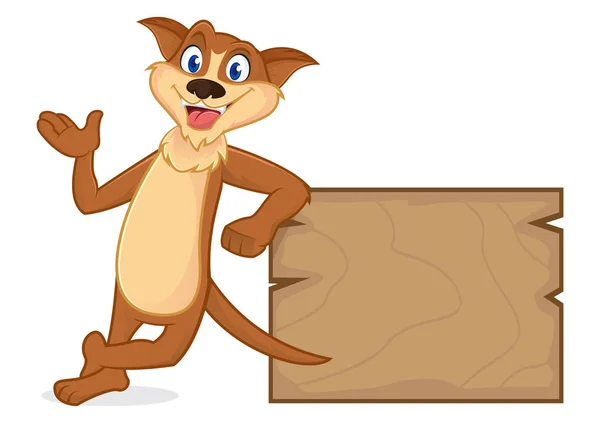 Weasel cartoon mascotte appoggiata su tavola di legno — Vettoriale Stock