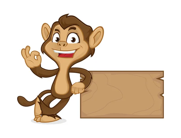 靠着木板的黑猩猩卡通吉祥物 — 图库矢量图片