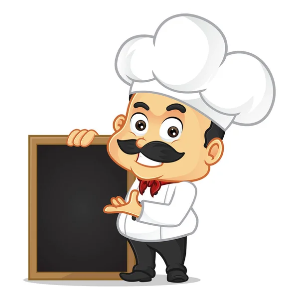 Desenhos Animados Chef Com Placa Preta Isolada Fundo Branco — Vetor de Stock