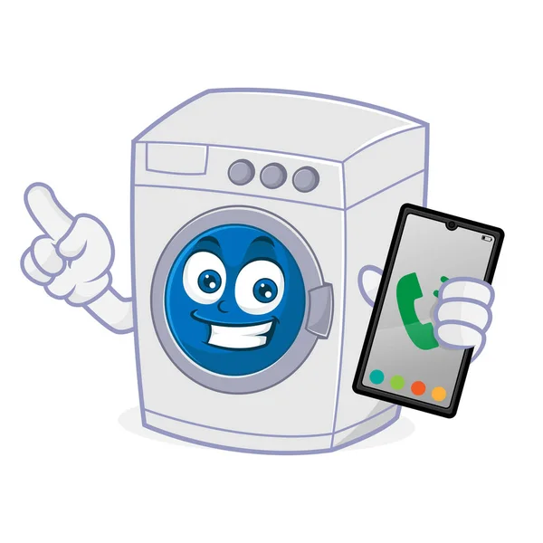 Máquina Lavar Segurar Telefone Apontando Isolado Fundo Branco —  Vetores de Stock