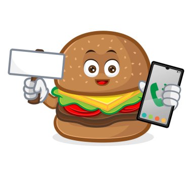 Burger maskot karikatür çizimi boş tabela ve beyaz arka planda izole telefon