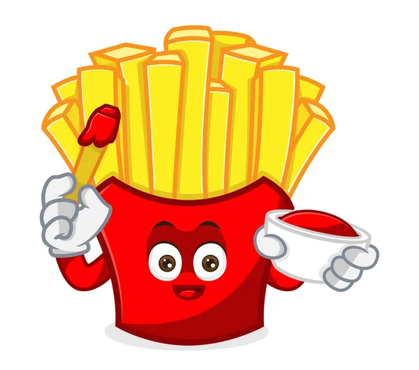 Pommes Frites Maskot Tecknad Illustration Hålla Tomat Ketchup Isolerad Vit — Stock vektor