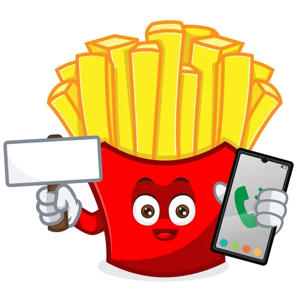 French Fries Mascot Karikatura Ilustrace Držet Prázdný Znak Telefon Izolované — Stockový vektor