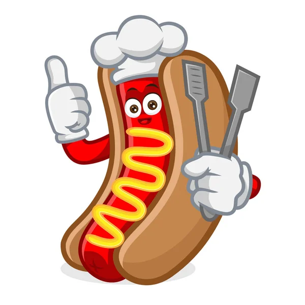 Hot Dog Maskotka Kreskówka Ilustracja Dać Kciuk Trzymać Jedzenie Tong — Wektor stockowy