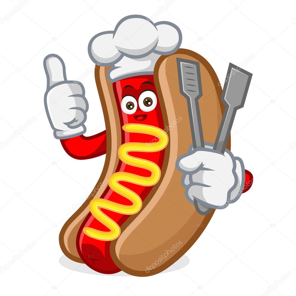 Hotdog mascot cartoon illustration give thumb hold food tong isolated in white background