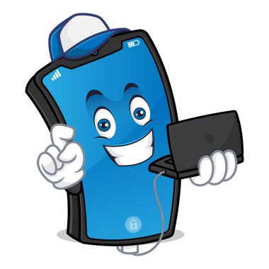 Akıllı telefon maskotu dizüstü bilgisayarı beyaz arka planda tutan teknisyen.