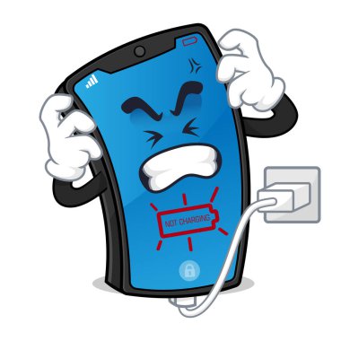 Akıllı telefon maskotu hayal kırıklığına uğramış hissediyor beyaz arkaplanda izole edilmemiş şarj aleti