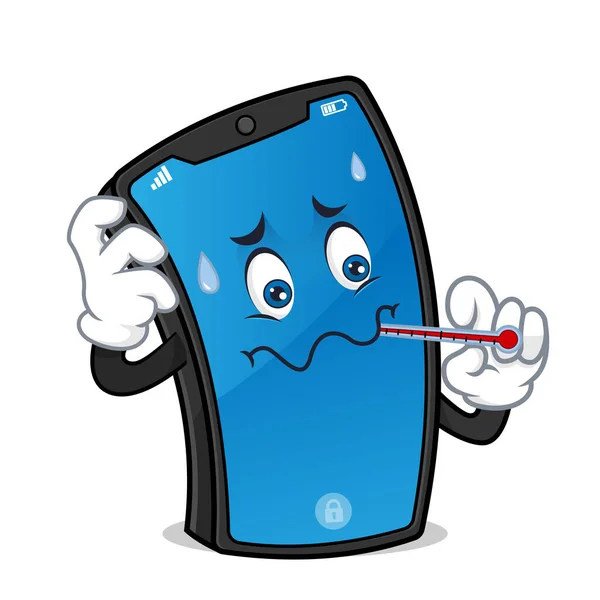 Smart Phone Mascotte Possesso Termometro Sensazione Caldo Isolato Sfondo Bianco — Vettoriale Stock