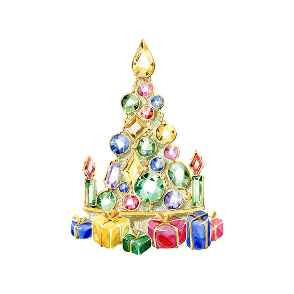 Jewelry Christmas tree. Watercolor illustration. — Stock Photo, Image