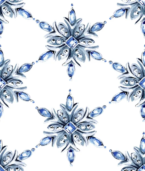 Akwarela bezszwowe wzór. Płatki śniegu Biżuteria na białym tle. — Zdjęcie stockowe