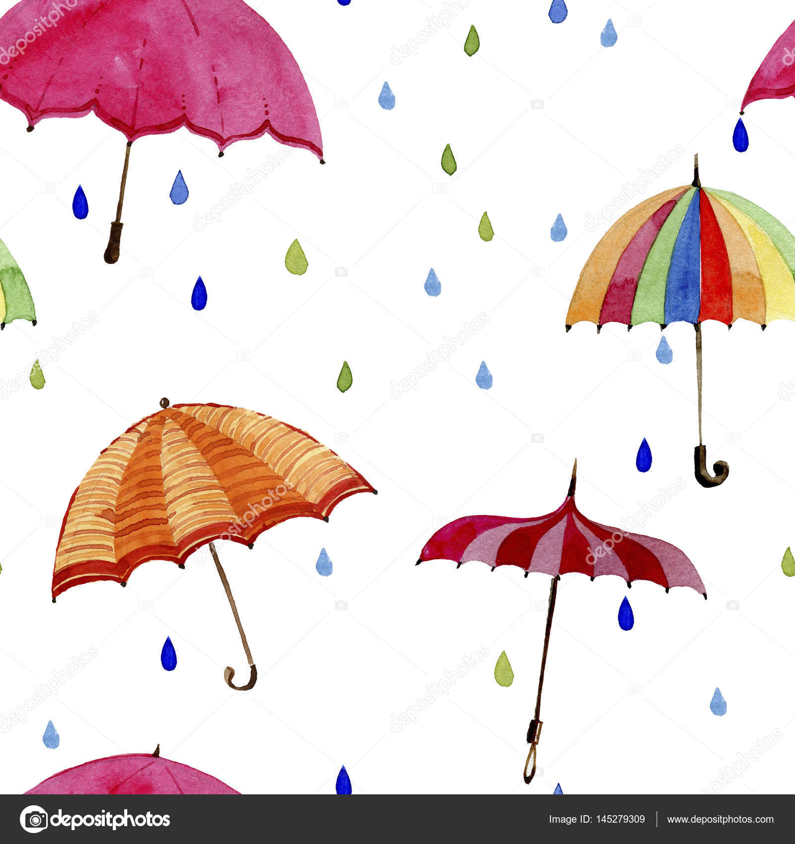 Seamless watercolor pattern. Umbrellas and rain drops on white